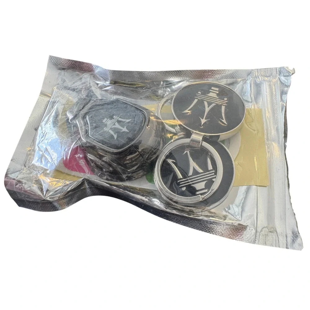 Maserati Logo Keychain and Ignition Button Cover Set Black Silver 3 Piece